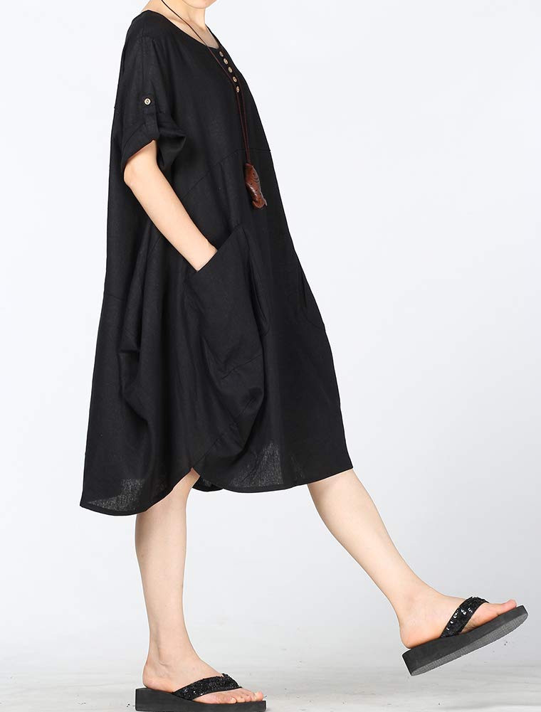 LaovanIn Women's Plus Size Tunic Dress Summer Cotton Linen T Shirt Knee-Length Dresses Large Black - Image 2